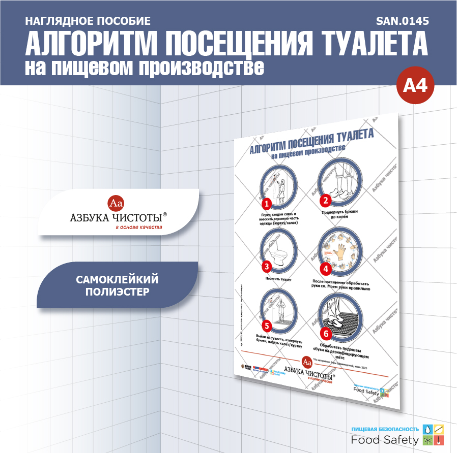 Пособие наглядное А4 №145 АЛГОРИТМ ПОСЕЩЕНИЯ ТУАЛЕТА на пищевом производстве