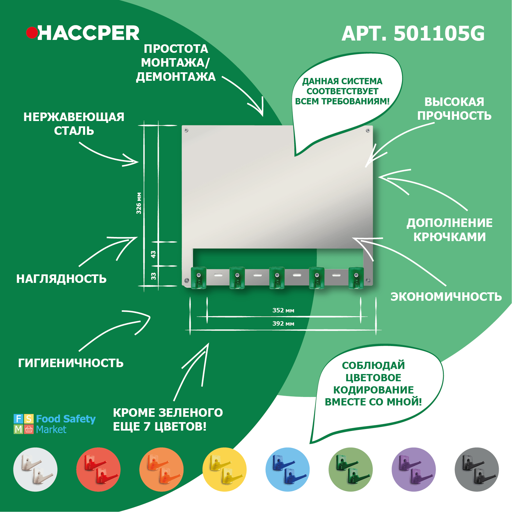 Органайзер настенный c инф.полем А4 HACCPER Control Point для 5 предметов, зеленый +  арт.SAN0023-4