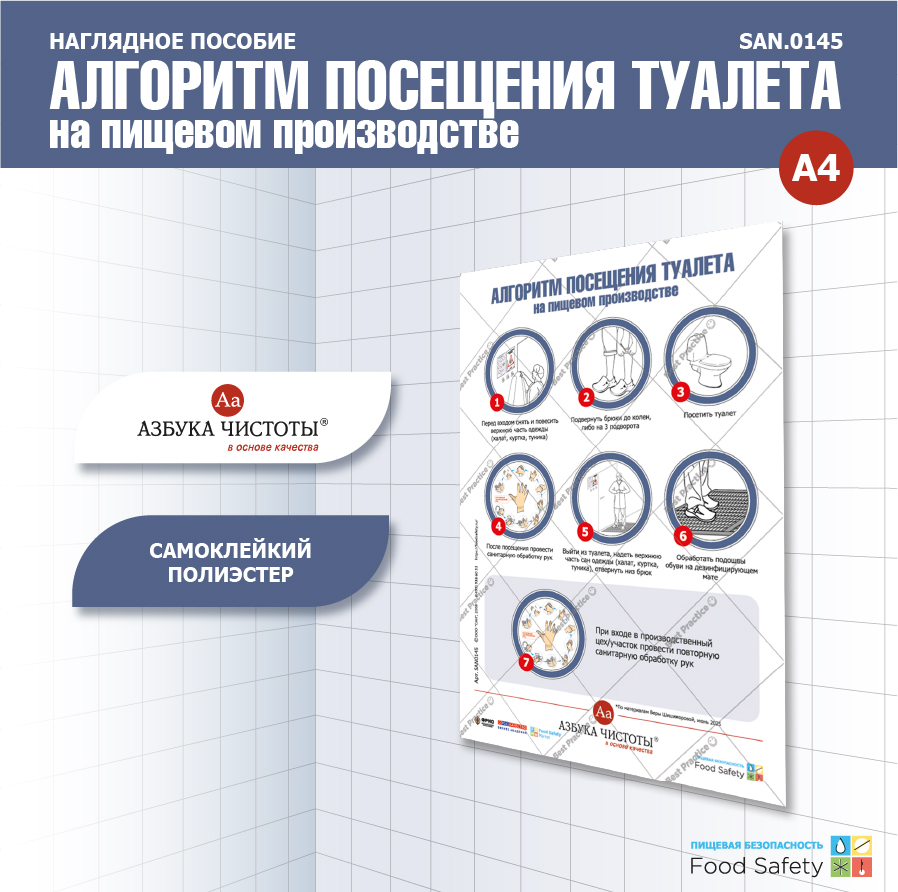 Пособие наглядное А4 №145 АЛГОРИТМ ПОСЕЩЕНИЯ ТУАЛЕТА на пищевом производстве