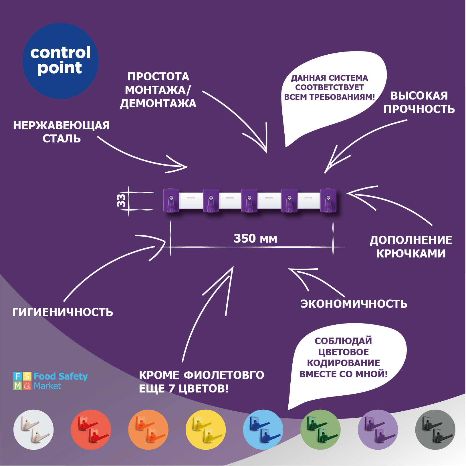 Система хранения (органайзер) Control Point на 5 поз. настенная из стали c крючками, фиолетовый