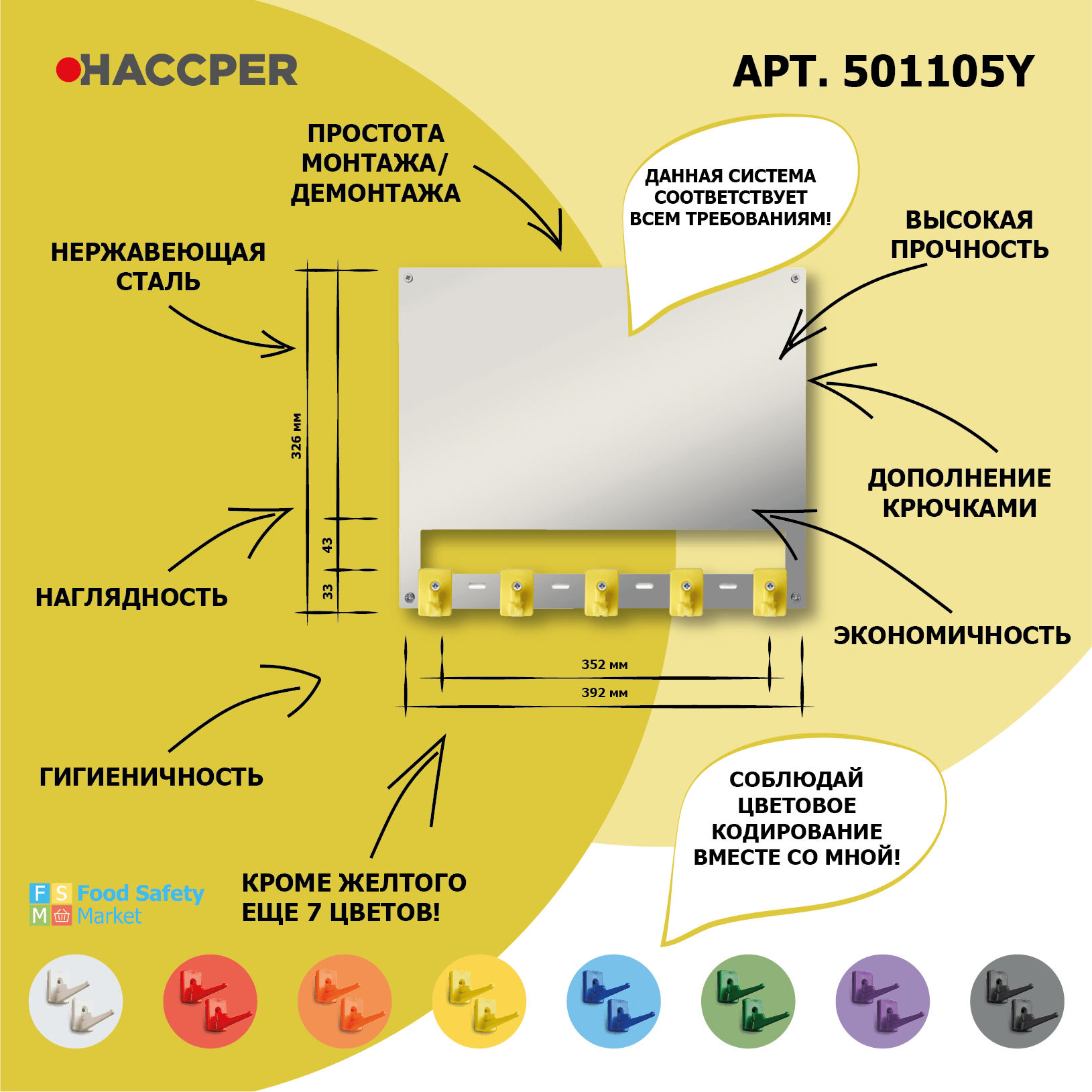 Органайзер настенный c инф.полем А4 HACCPER Control Point для 5 предметов, желтый + арт.SAN0023-4 